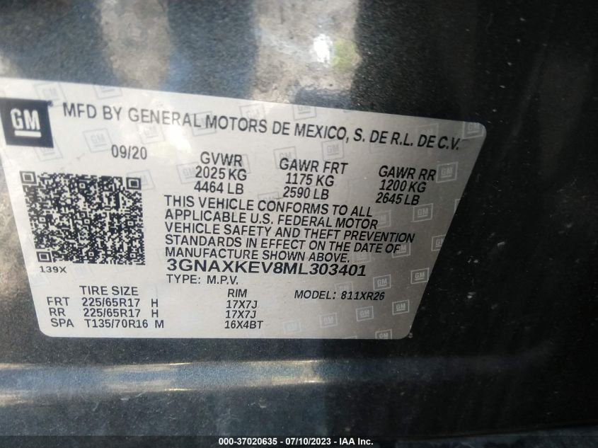 2021 CHEVROLET EQUINOX LT - 3GNAXKEV8ML303401