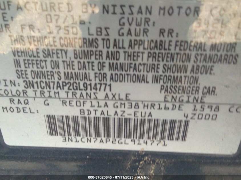 2016 NISSAN VERSA S PLUS - 3N1CN7AP2GL914771