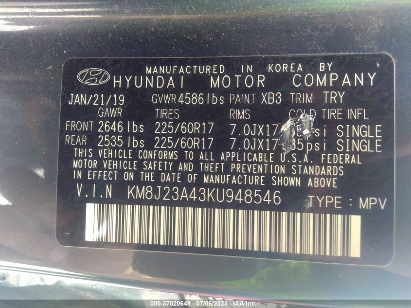 2019 HYUNDAI TUCSON SE - KM8J23A43KU948546