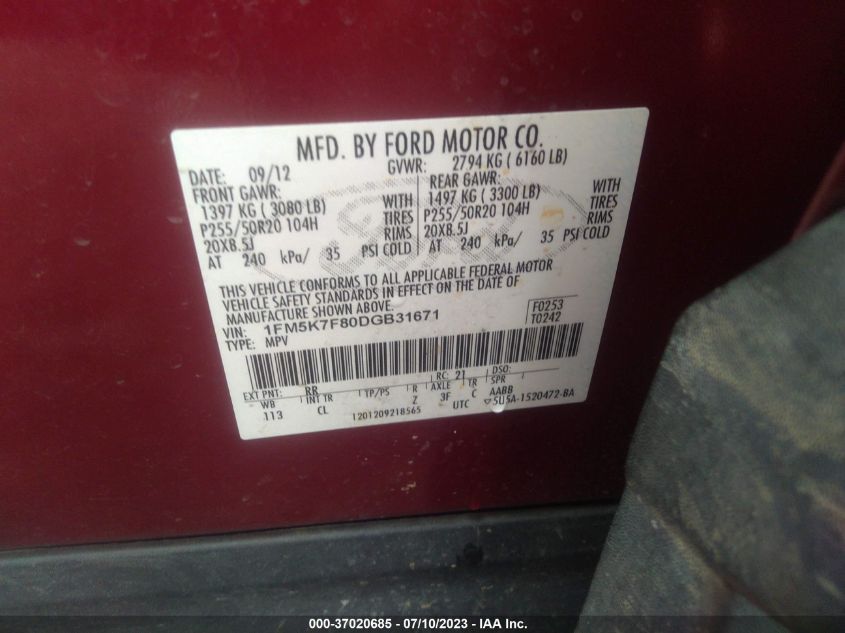 2013 FORD EXPLORER LIMITED - 1FM5K7F80DGB31671