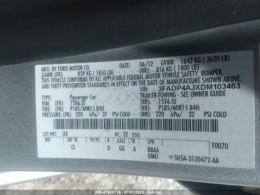 2013 FORD FIESTA S - 3FADP4AJXDM103463
