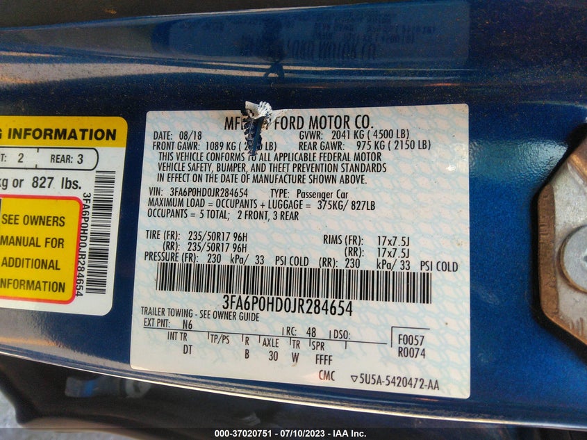 VIN 3FA6P0HD0JR284654 2018 FORD FUSION SE