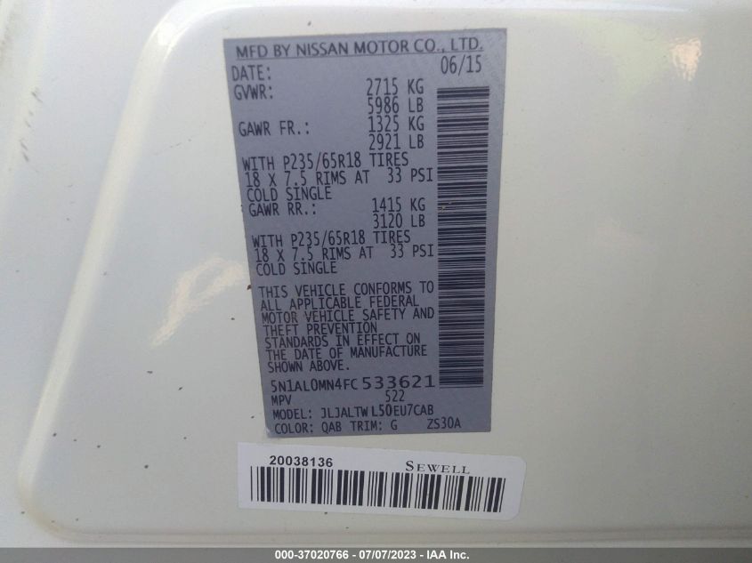 2015 INFINITI QX60 - 5N1AL0MN4FC533621