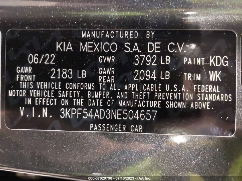 2022 KIA FORTE GT-LINE - 3KPF54AD3NE504657