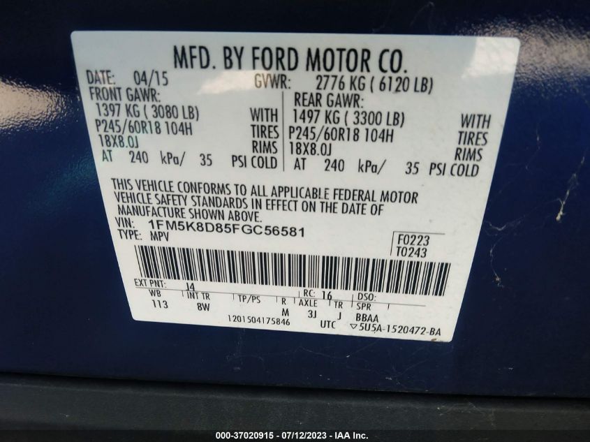 2015 FORD EXPLORER XLT - 1FM5K8D85FGC56581