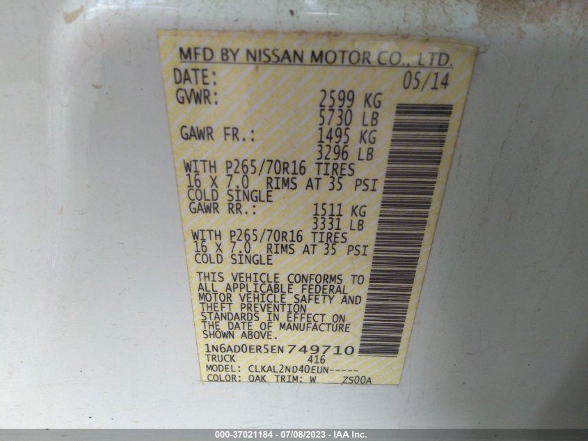 2014 NISSAN FRONTIER SV - 1N6AD0ER5EN749710