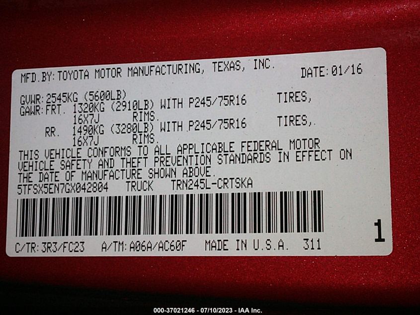 2016 TOYOTA TACOMA SR/SR5 - 5TFSX5EN7GX042804