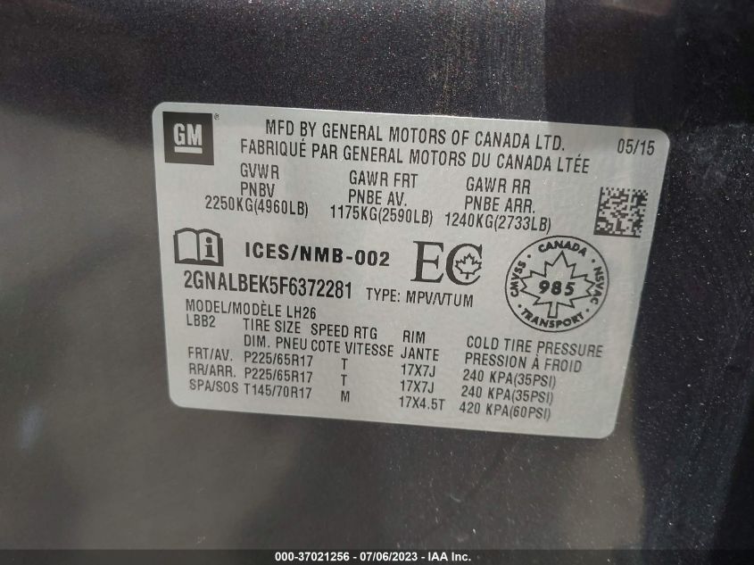 2015 CHEVROLET EQUINOX LT - 2GNALBEK5F6372281