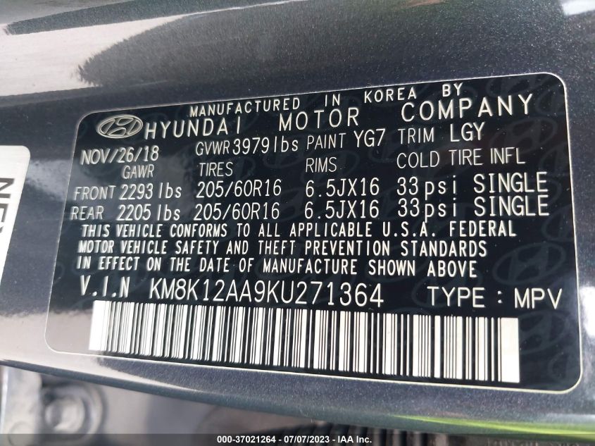 2019 HYUNDAI KONA SE - KM8K12AA9KU271364
