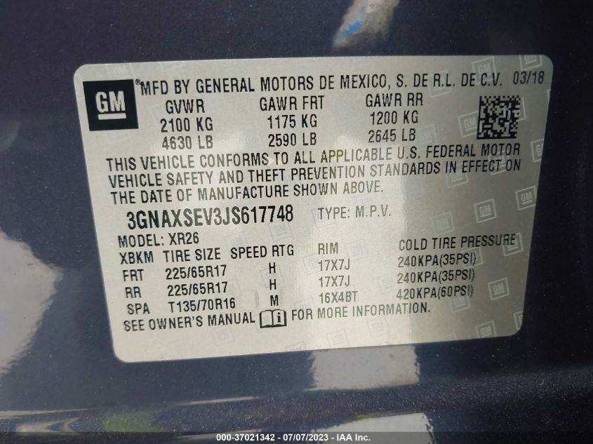 2018 CHEVROLET EQUINOX LT - 3GNAXSEV3JS617748