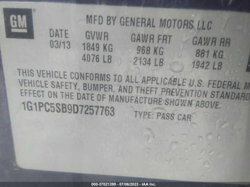2013 CHEVROLET CRUZE LT - 1G1PC5SB9D7257763