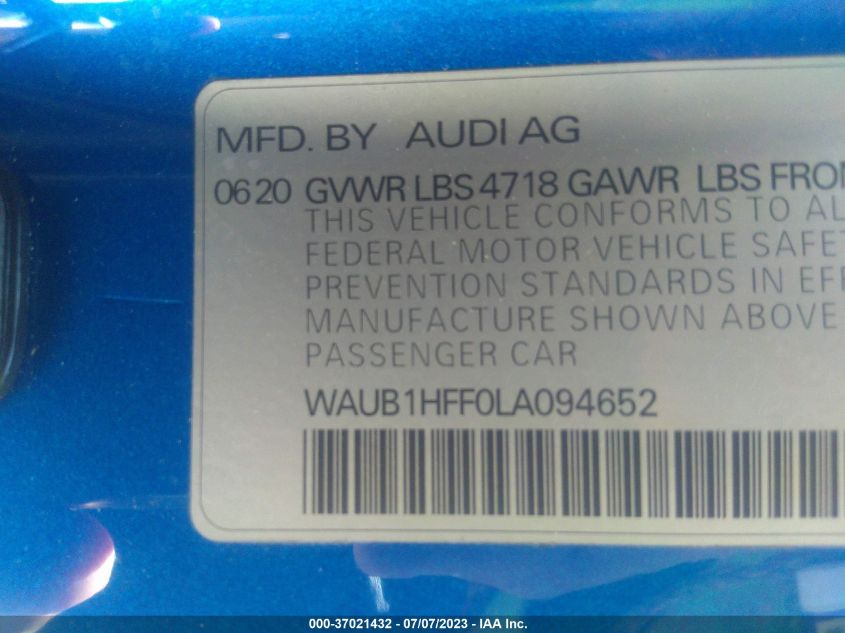 2020 AUDI S3 S LINE PREMIUM - WAUB1HFF0LA094652