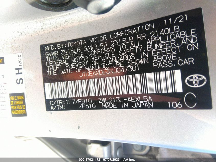 2022 TOYOTA COROLLA LE - JTDEAMDE3NJ047301