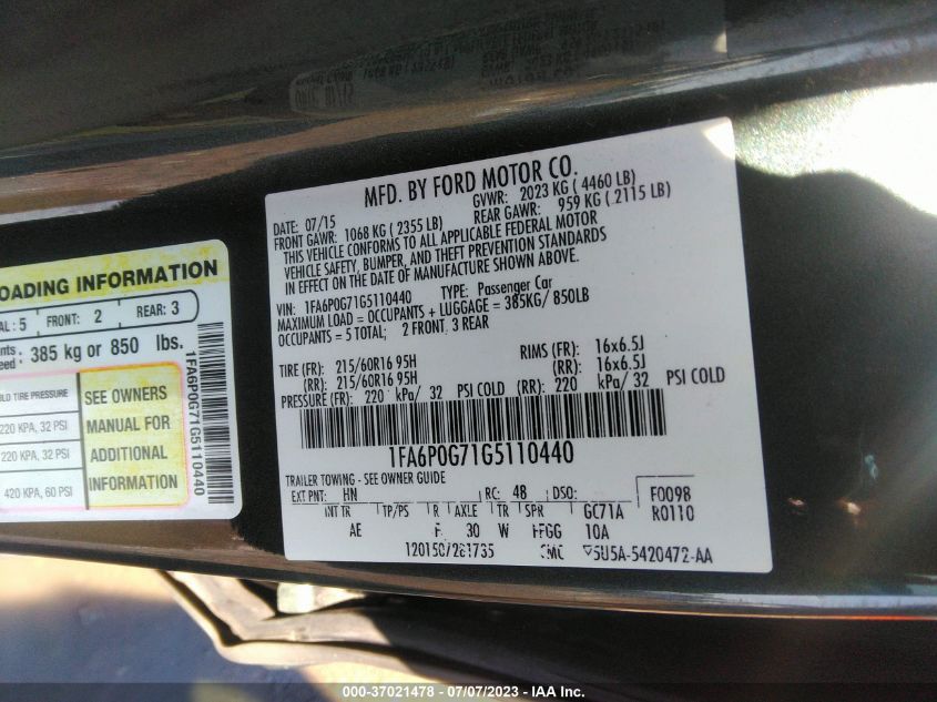 2016 FORD FUSION S - 1FA6P0G71G5110440