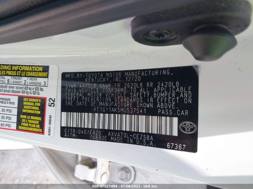2021 TOYOTA CAMRY SE - 4T1G11AK5MU537541