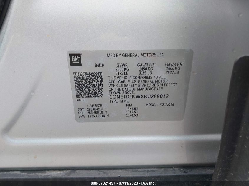 2019 CHEVROLET TRAVERSE LT CLOTH - 1GNERGKWXKJ289012
