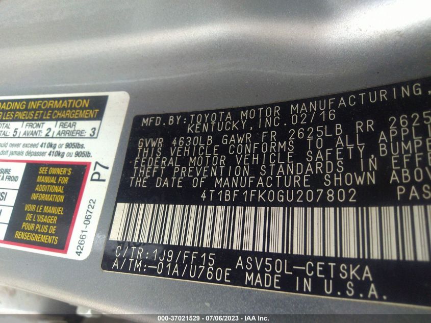 2016 TOYOTA CAMRY LE/XLE/SE/XSE - 4T1BF1FK0GU207802