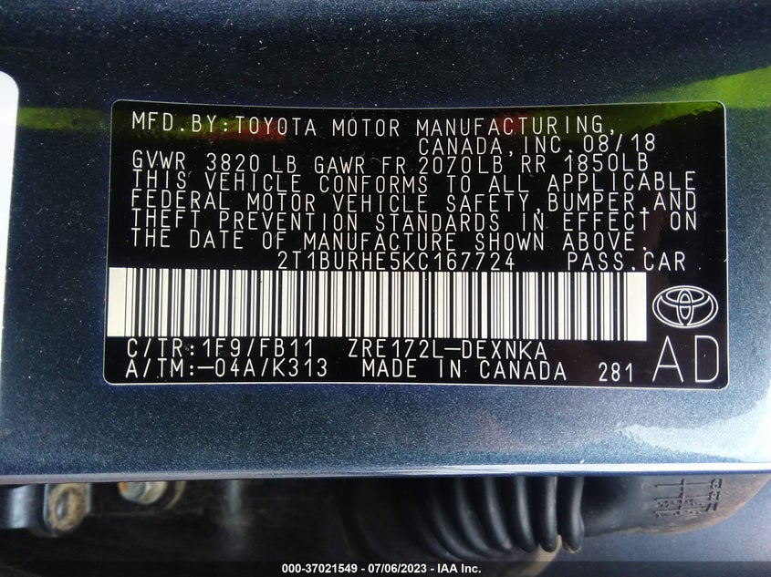 VIN 2T1BURHE5KC167724 2019 TOYOTA COROLLA L/LE/SE/XLE/XSE