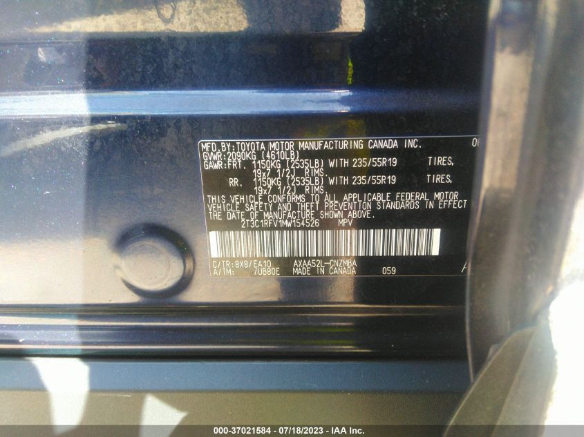 2021 TOYOTA RAV4 XLE PREMIUM - 2T3C1RFV1MW154526