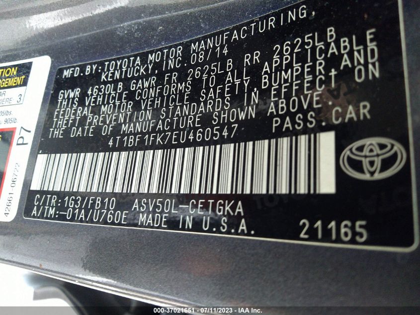 2014 TOYOTA CAMRY L/LE/XLE/SE/SE SPORT - 4T1BF1FK7EU460547