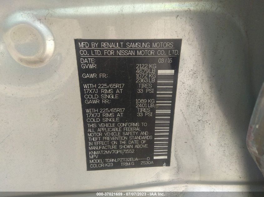 2016 NISSAN ROGUE SV/SL/S - KNMAT2MV7GP671552