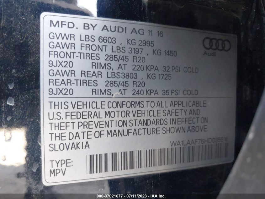 2017 AUDI Q7 PREMIUM PLUS - WA1LAAF76HD035516