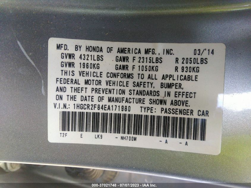 2014 HONDA ACCORD SEDAN EX-L - 1HGCR2F84EA171980