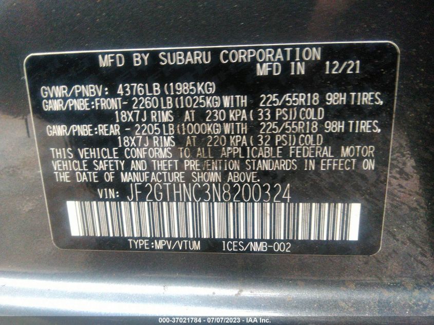 2022 SUBARU CROSSTREK LIMITED - JF2GTHNC3N8200324