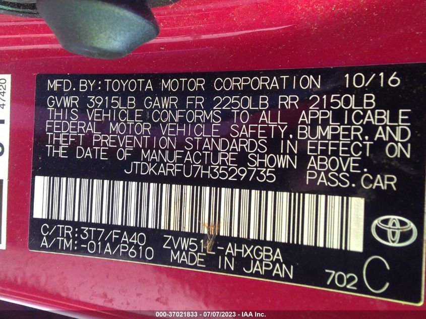 2017 TOYOTA PRIUS - JTDKARFU7H3529735