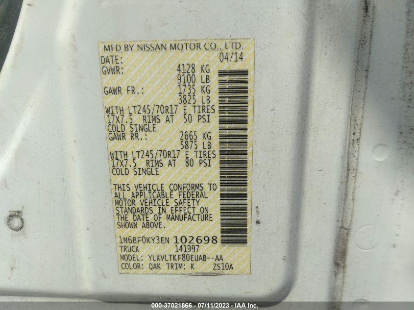2014 NISSAN NV SV 1N6BF0KY3EN102698