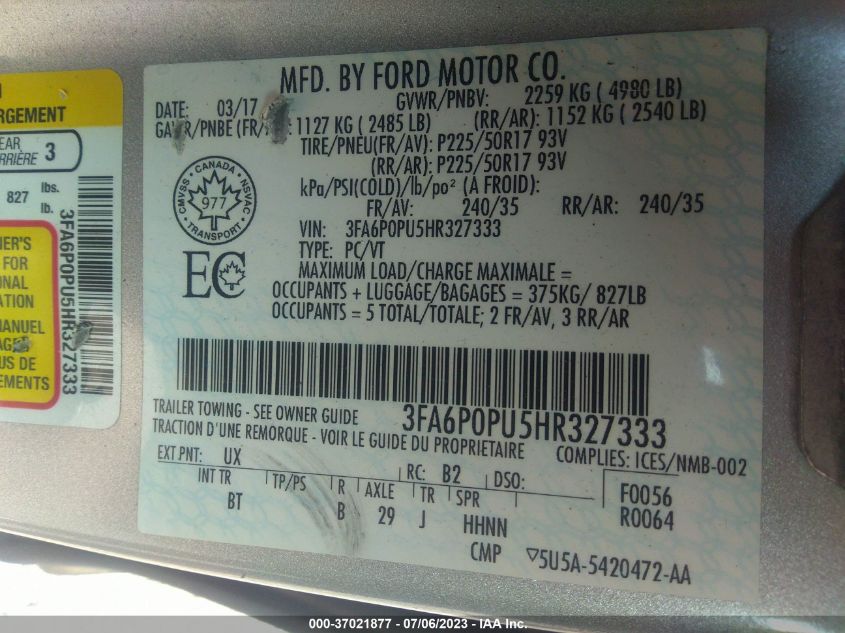 2017 FORD FUSION ENERGI SE - 3FA6P0PU5HR327333