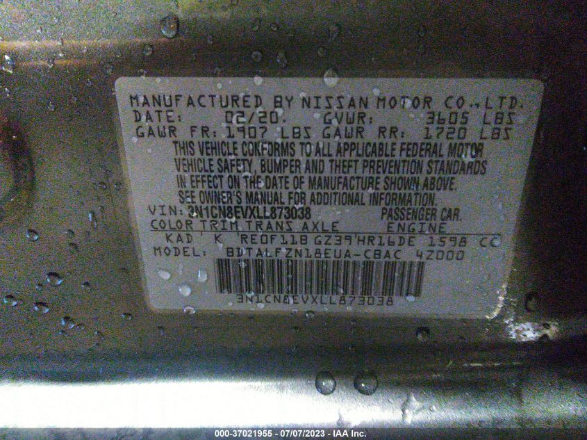 2020 NISSAN VERSA SV - 3N1CN8EVXLL873038