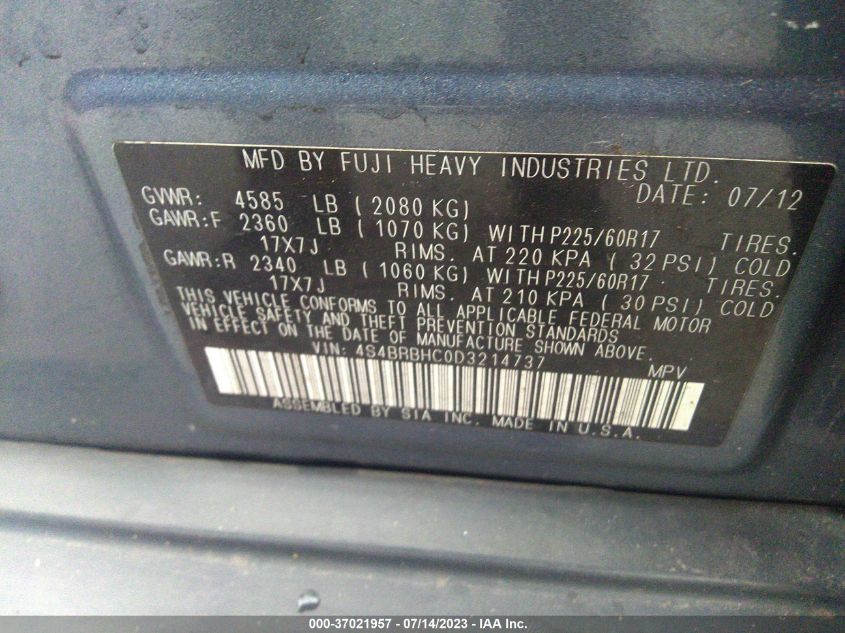 2013 SUBARU OUTBACK 2.5I PREMIUM - 4S4BRBHC0D3214737