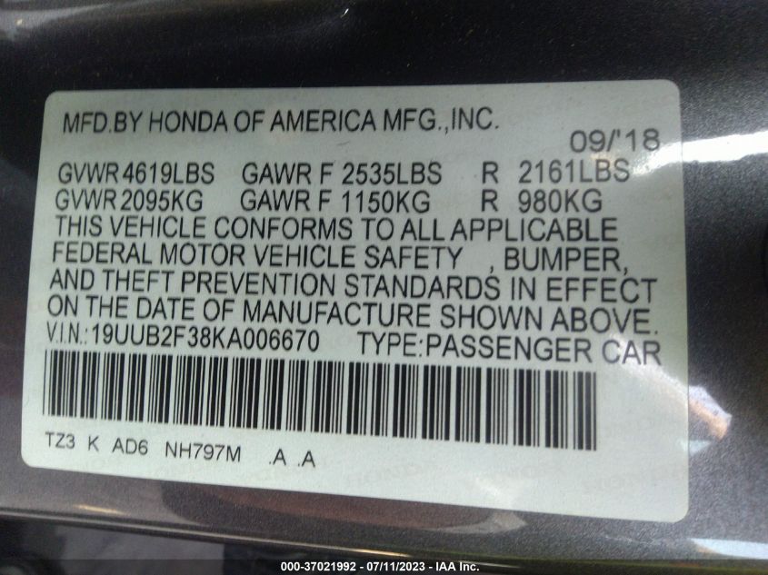 2019 ACURA TLX - 19UUB2F38KA006670