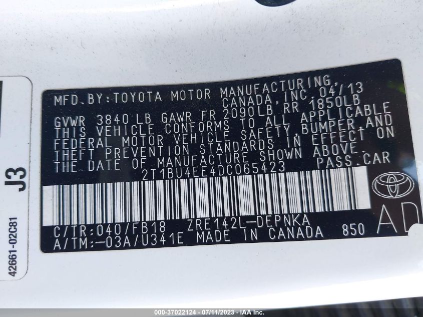 2013 TOYOTA COROLLA L/LE/S - 2T1BU4EE4DC065423