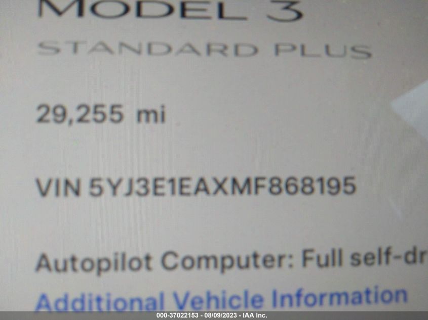 2021 TESLA MODEL 3 STANDARD RANGE PLUS - 5YJ3E1EAXMF868195