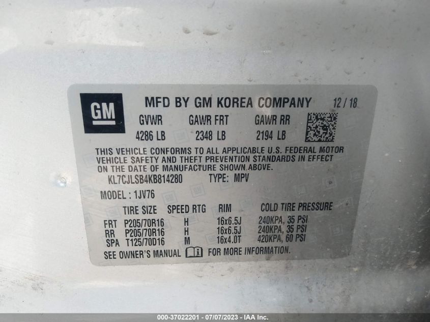 2019 CHEVROLET TRAX LT - KL7CJLSB4KB814280