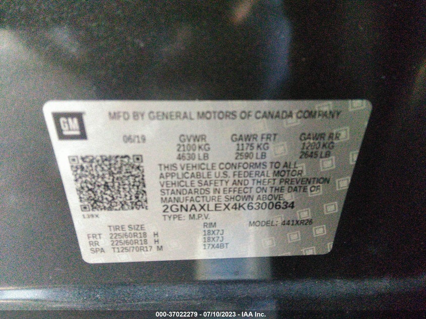 VIN 2GNAXLEX4K6300634 2019 CHEVROLET EQUINOX LT