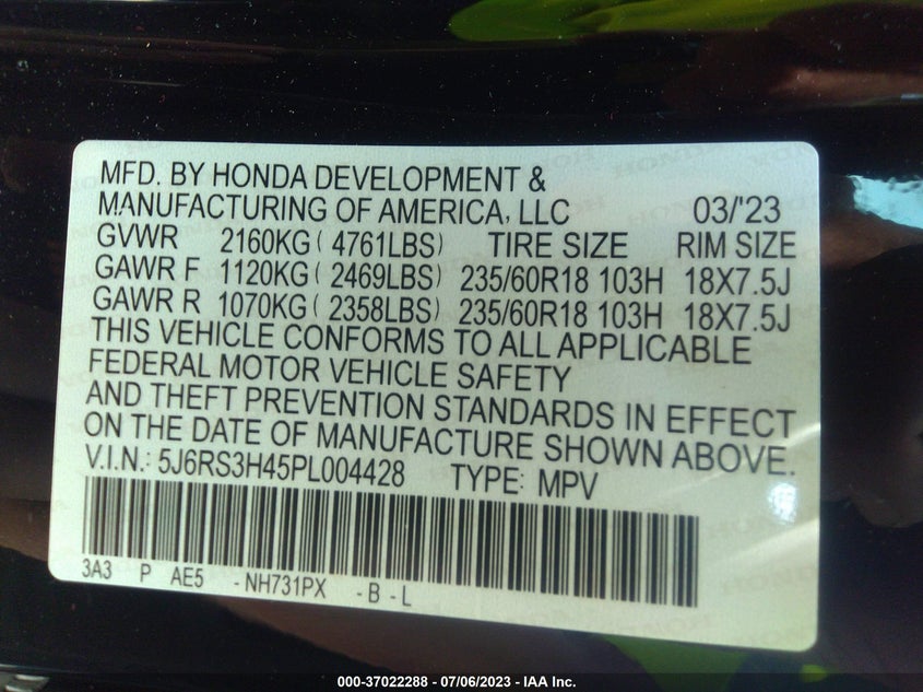 VIN 5J6RS3H45PL004428 2023 HONDA CR-V EX