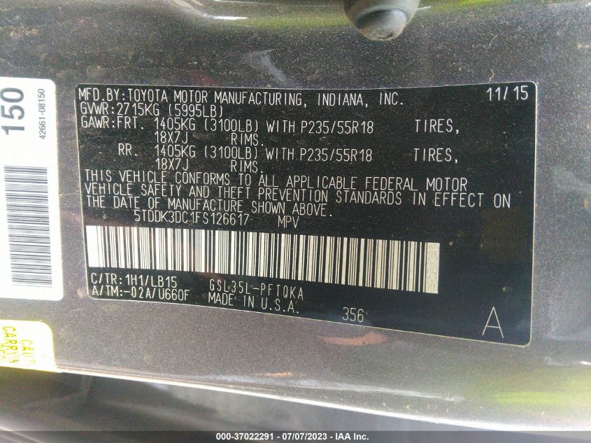 2015 TOYOTA SIENNA LTD/XLE/XLE PREMIUM - 5TDDK3DC1FS126617