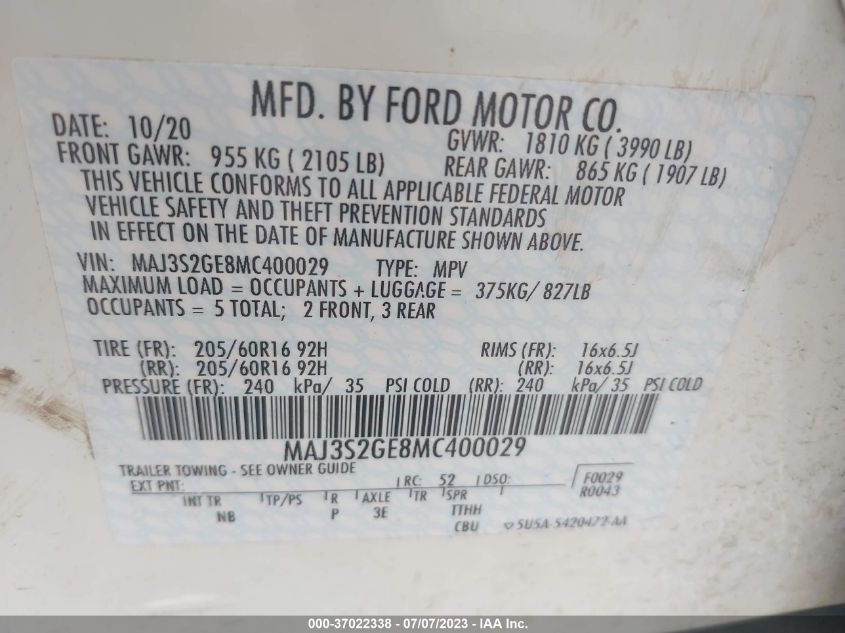 2021 FORD ECOSPORT SE - MAJ3S2GE8MC400029