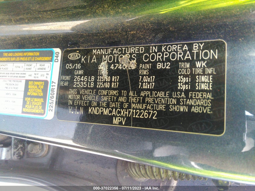 VIN KNDPMCACXH7122672 2017 KIA SPORTAGE LX