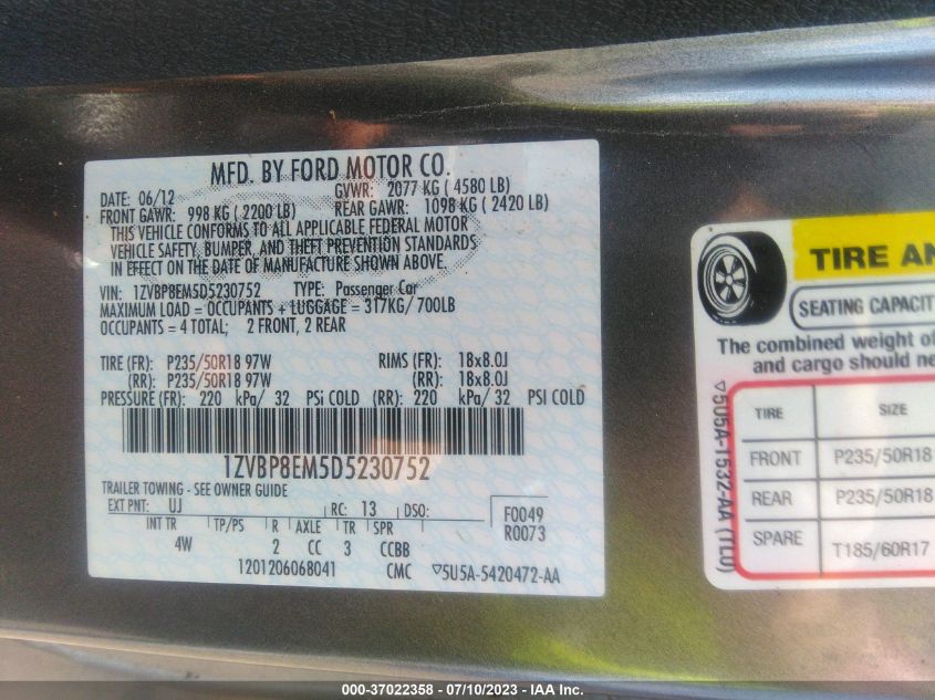 2013 FORD MUSTANG V6 - 1ZVBP8EM5D5230752