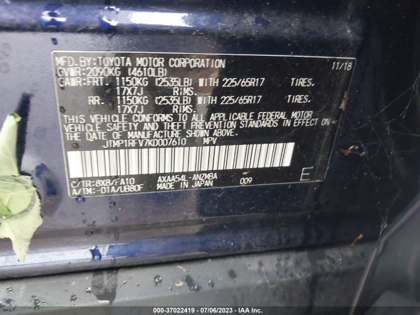 2019 TOYOTA RAV4 XLE - JTMP1RFV7KD007610