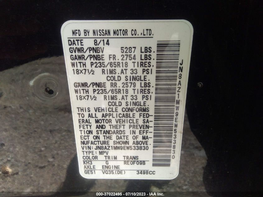 2014 NISSAN MURANO S/SL/SV/LE - JN8AZ1MW9EW533830