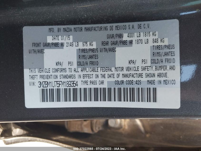 2015 MAZDA MAZDA3 - 3MZBM1U75FM189354