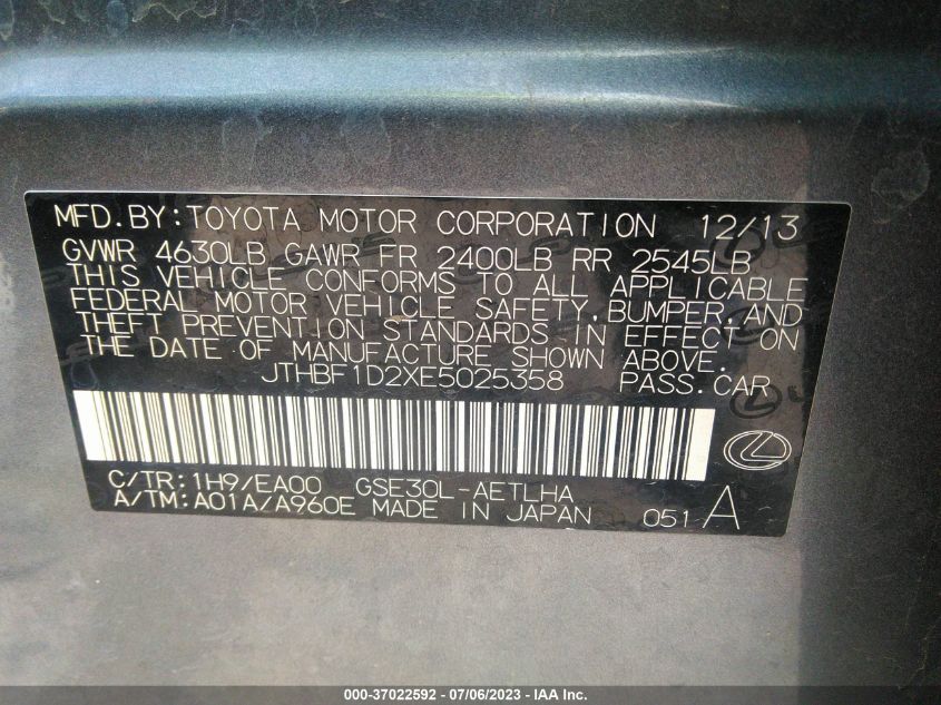 2014 LEXUS IS 250 - JTHBF1D2XE5025358