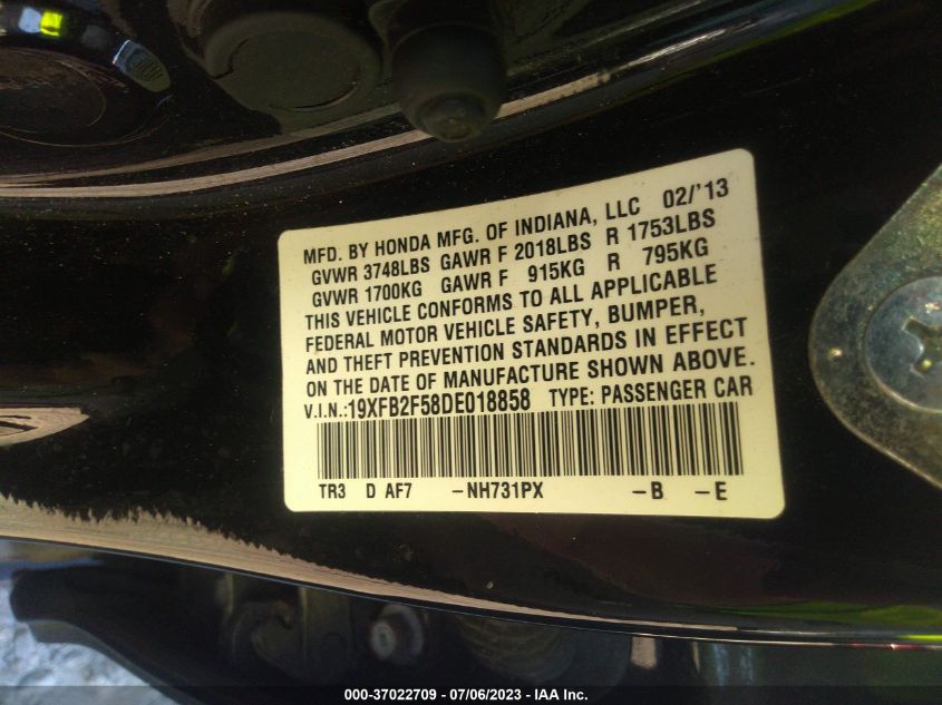 2013 HONDA CIVIC SDN LX - 19XFB2F58DE018858
