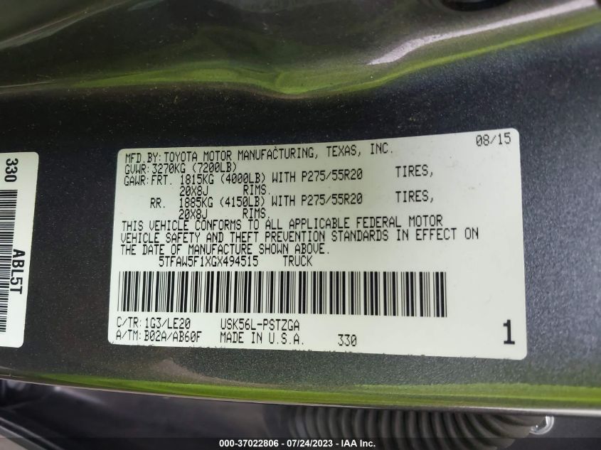 2016 TOYOTA TUNDRA 4WD TRUCK PLATINUM/1794 - 5TFAW5F1XGX494515