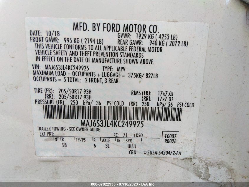 2019 FORD ECOSPORT SES - MAJ6S3JL4KC249925